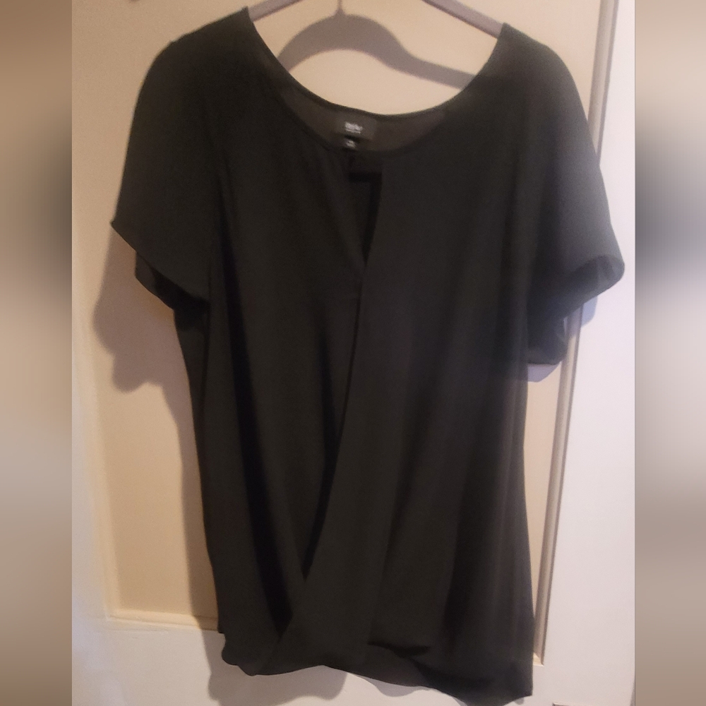 Flowy Faux Wrap Elegant Black Drape Blouse Large